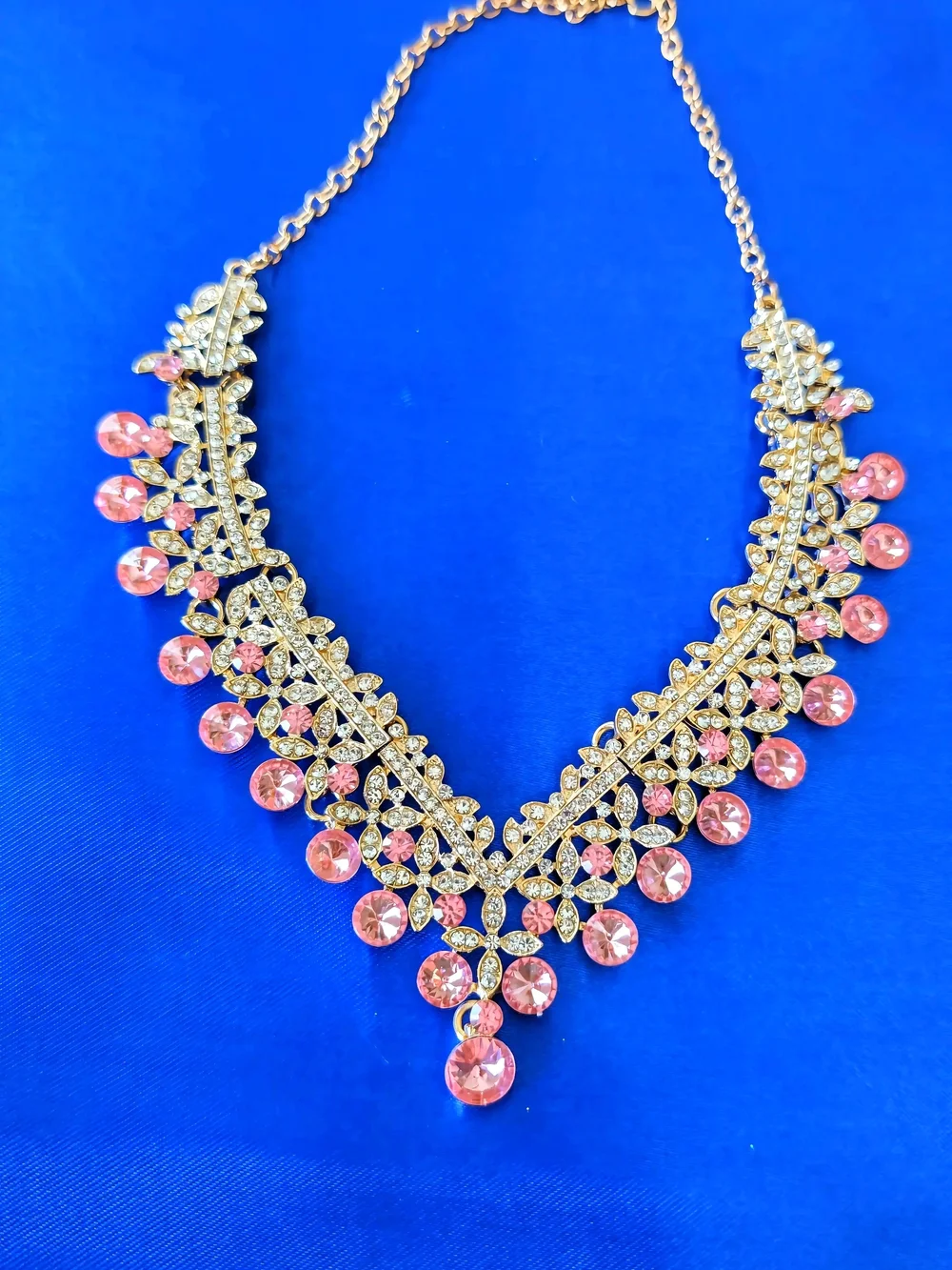 Gold Plated Pink Crystal Statement Necklace & Earring Set